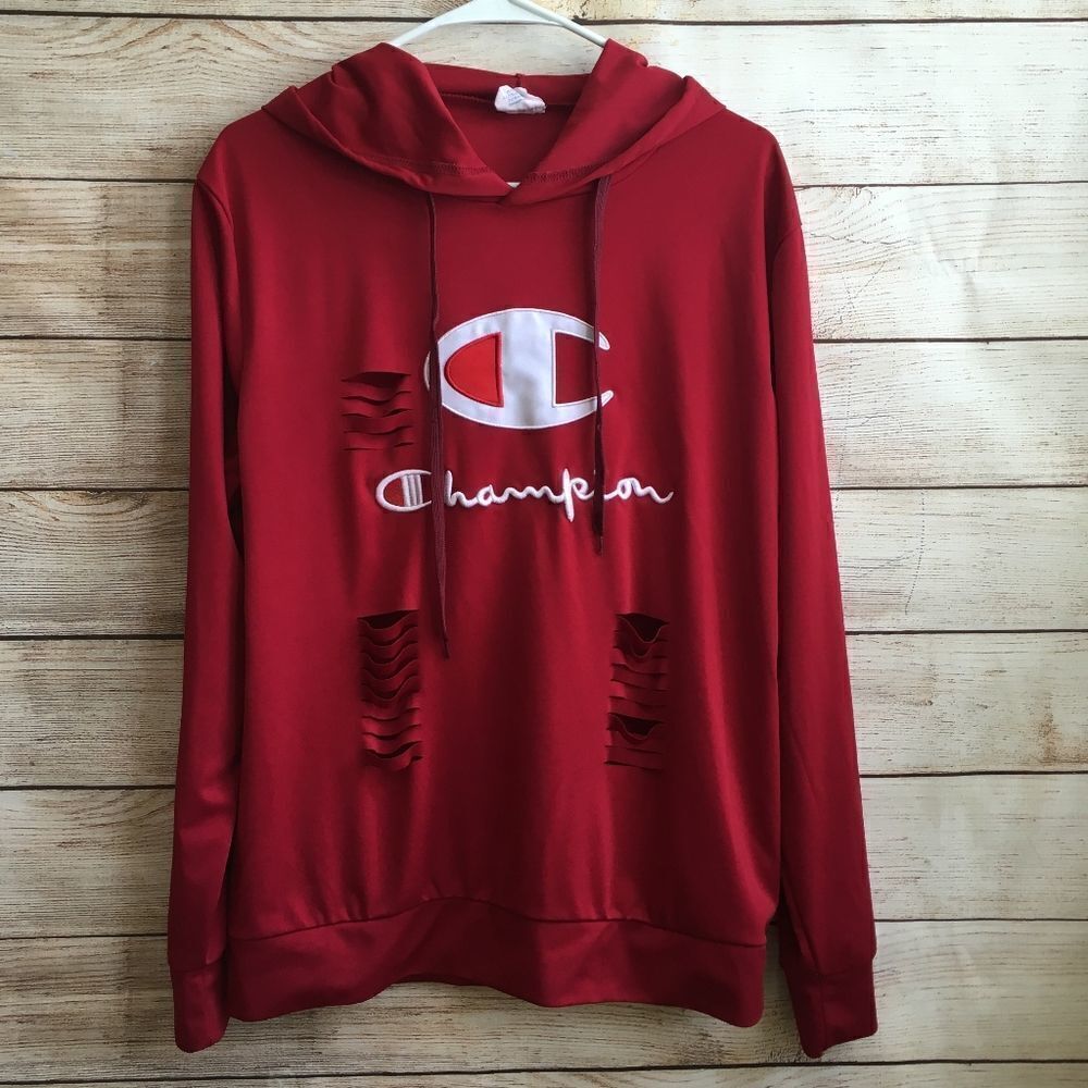 CHAMPION DISTRESSED HOODIE IN RED